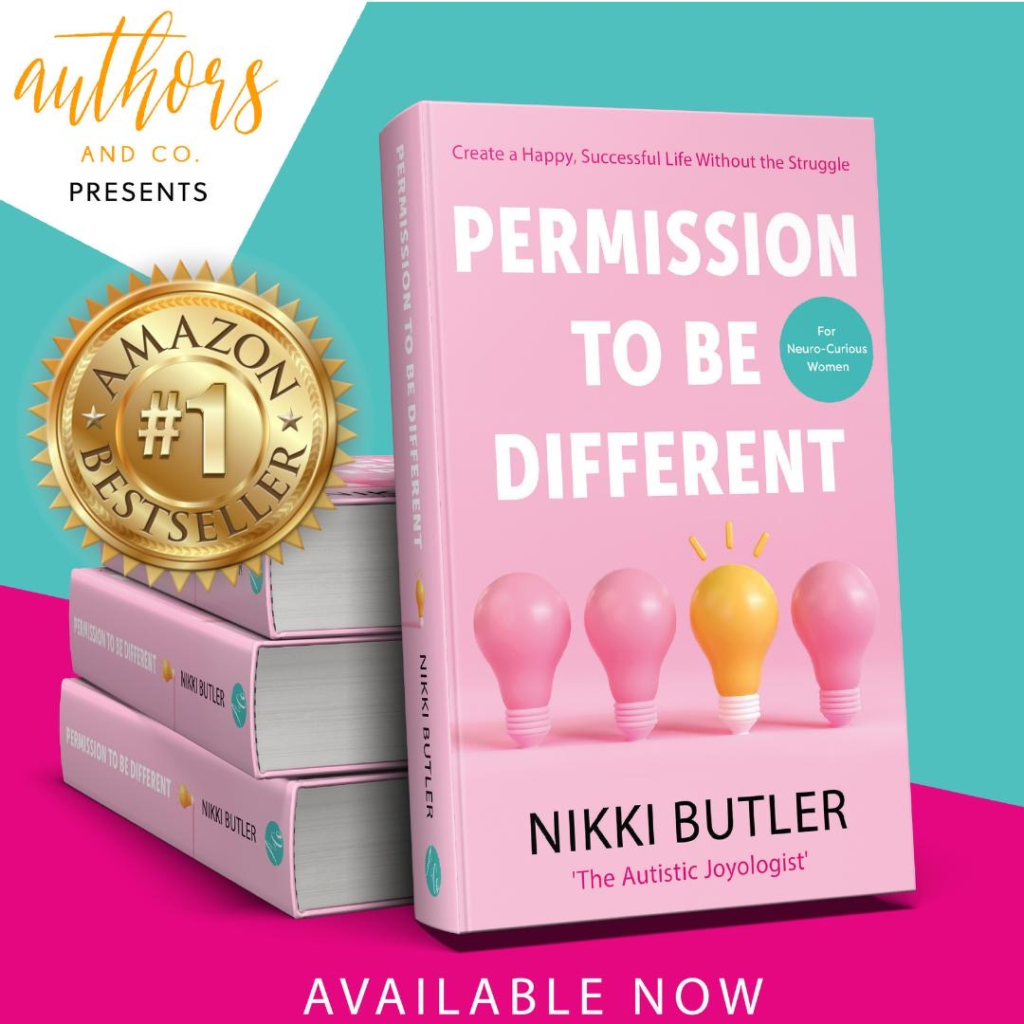 picture shows a pink book with lightbulbs on called Permission To Be Different and an Amazon No1 Best Seller logo in gold